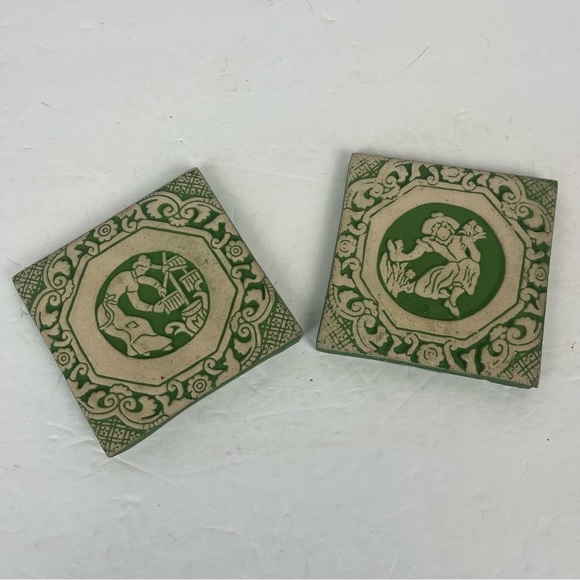 Monrovian Pottery & Tile works PA -vintage repro in green & cream-2pc - Picture 1 of 13